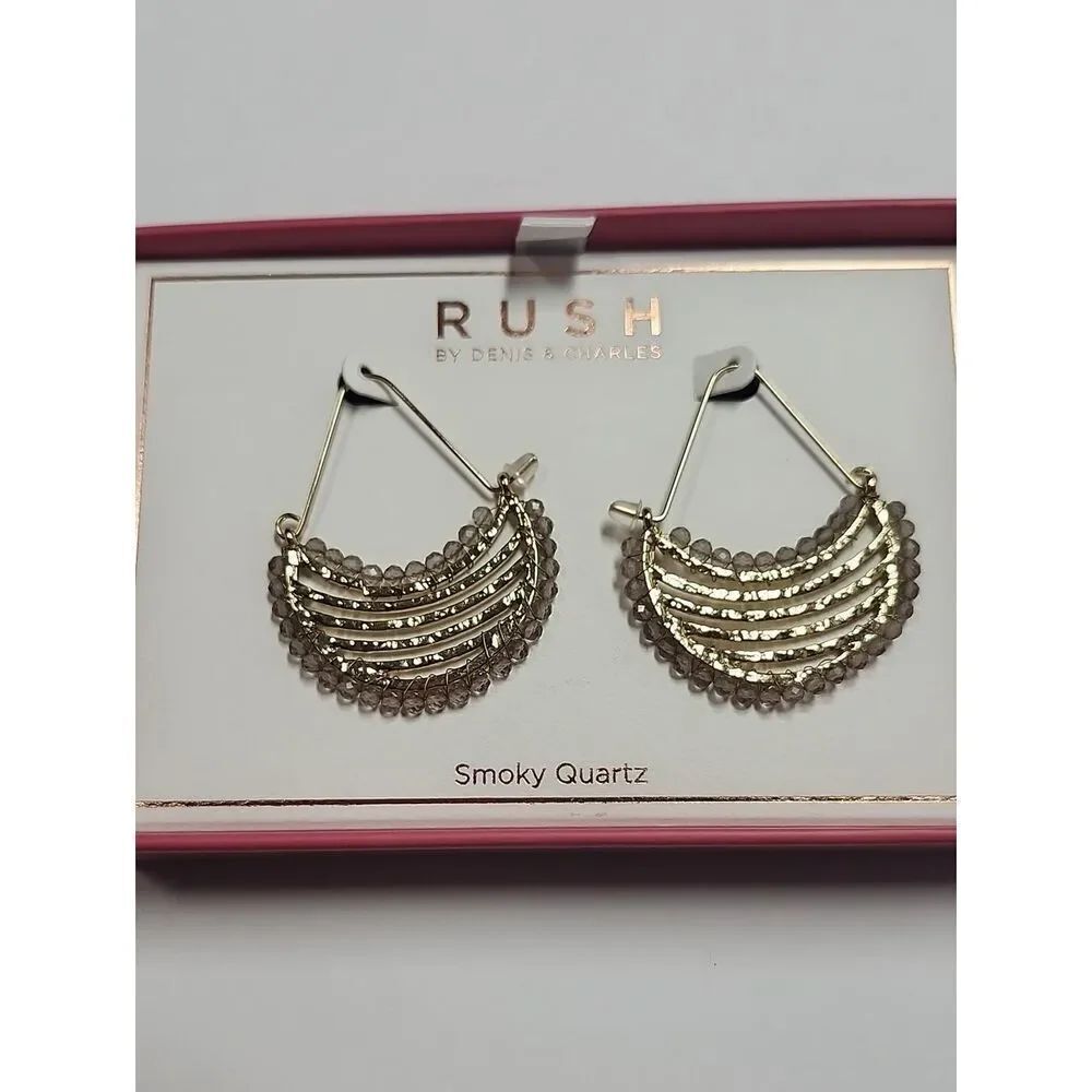 RUSH Denis & Charles Gold Tone Smoky Quartz Beads 2” Dangle Earrings NEW In Box